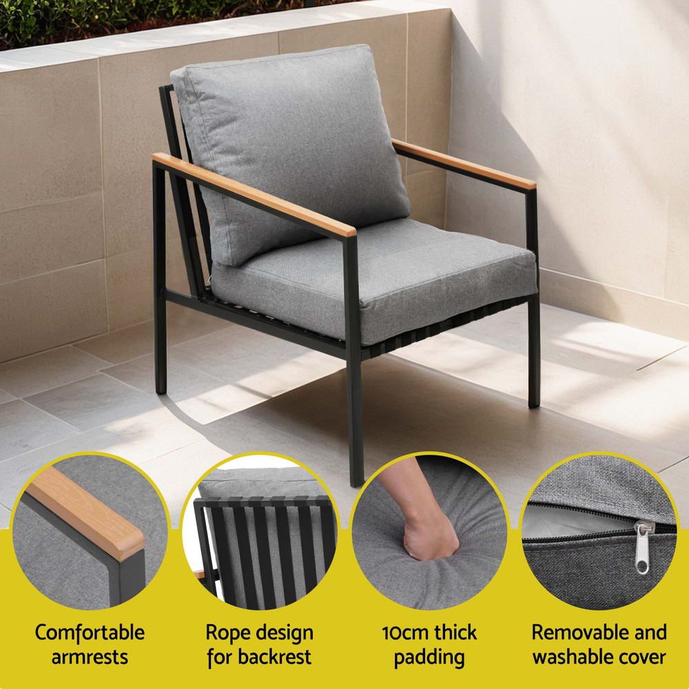Outdoor 5-Seater Sofa Set – 4-Piece with Grey Cushions and Black Frame