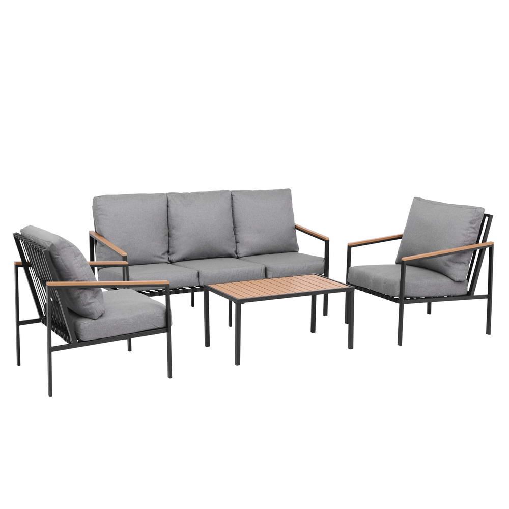 Outdoor 5-Seater Sofa Set – 4-Piece with Grey Cushions and Black Frame
