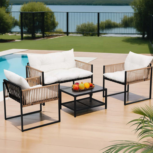 Gardeon 4-piece outdoor sofa set with a table, UV-resistant wicker, 4-seater outdoor lounge furniture for patio or garden use