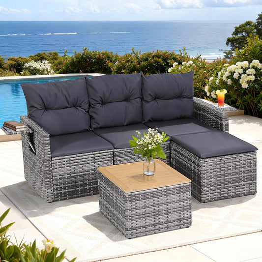 TWSC 5 Pieces Outdoor Sofa Set 4-Seater Grey Rattan Patio Furniture Table and Chair Setting
