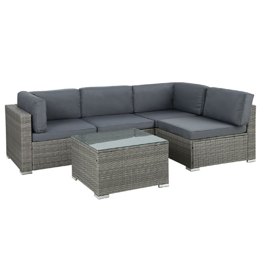 TWSC 5-Piece Outdoor Sofa Set Wicker Couch Lounge Setting 4 Seater Grey