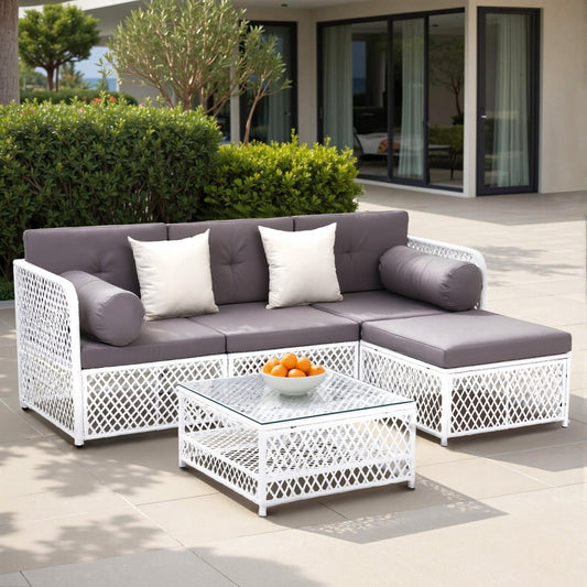 4-Seater Outdoor Sofa Set – 5-Piece Rattan Patio Furniture with Cushions