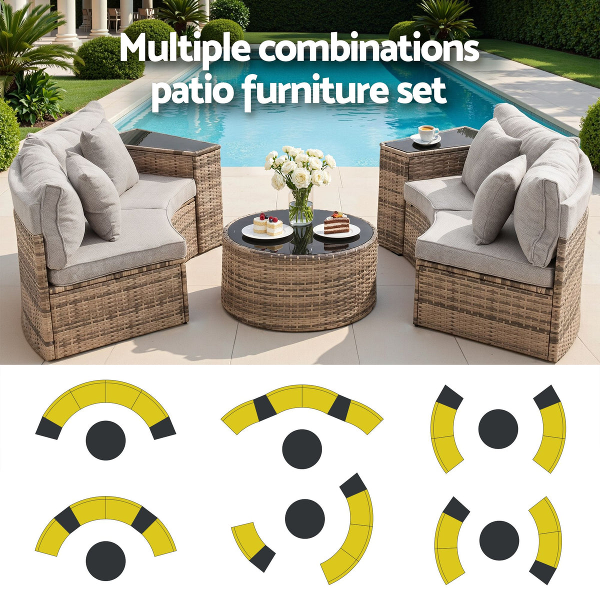 TWSC 4 Seater Outdoor Sofa Set 7PCS Table Chair Brown Rattan Patio Furniture