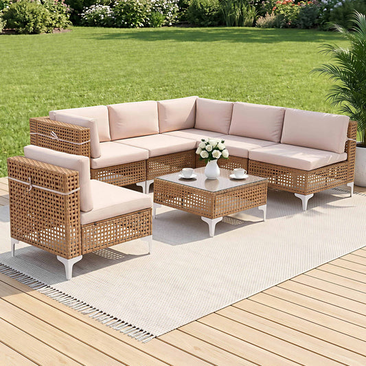 TWSC 6 Seater Outdoor Sofa Set 7PCS Table Chair Set Garden Rattan Patio Furniture