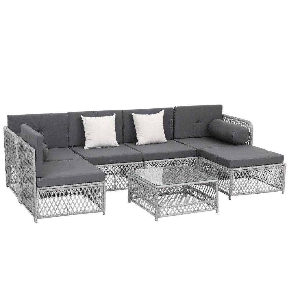 Outdoor 7-Piece Rattan Sofa Set – 6 Seater with Table and Cushions