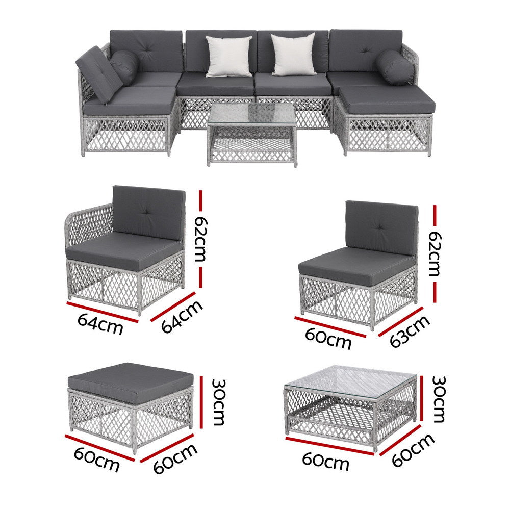 Outdoor 7-Piece Rattan Sofa Set – 6 Seater with Table and Cushions