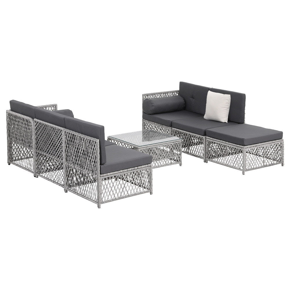 Outdoor 7-Piece Rattan Sofa Set – 6 Seater with Table and Cushions