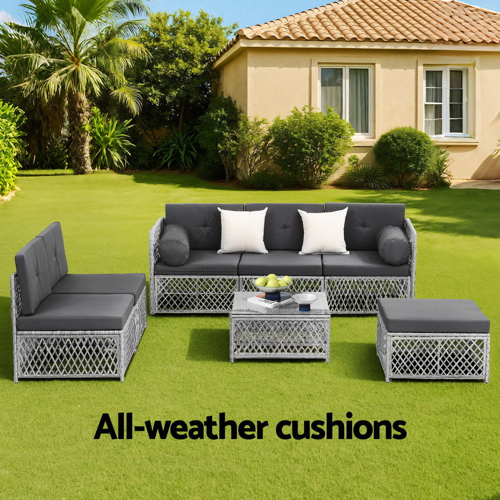 Outdoor 7-Piece Rattan Sofa Set – 6 Seater with Table and Cushions
