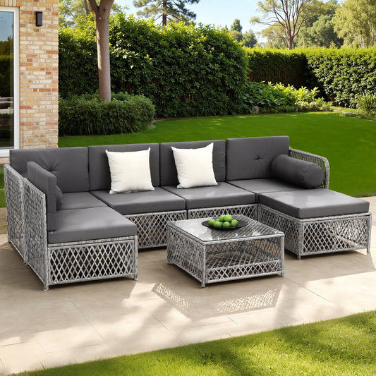 Outdoor 7-Piece Rattan Sofa Set – 6 Seater with Table and Cushions