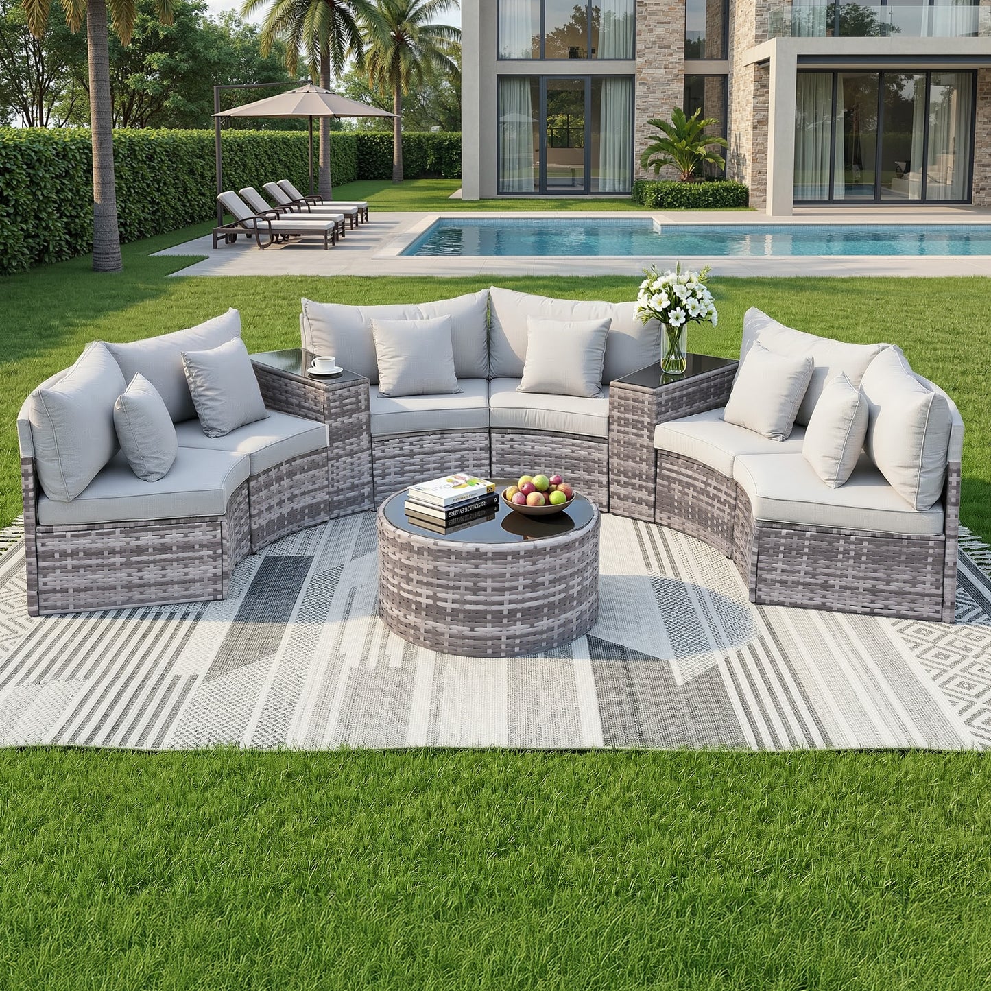 6-Seater Outdoor Sofa Set with Rattan Chairs and Tempered Glass Tables