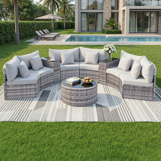 TWSC 6 Seater Outdoor Sofa Set 9PCS Table Chair Set Garden Rattan Patio Furniture