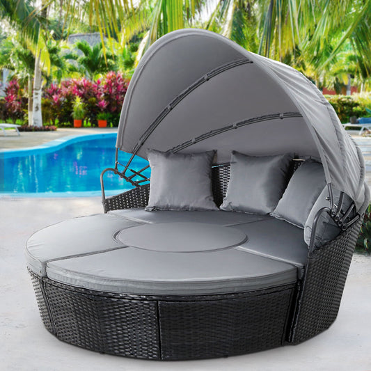 TWSC Sun Lounge Setting Wicker Lounger Day Bed Patio Outdoor Furniture Black