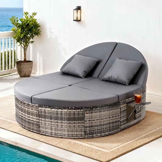 TWSC Outdoor Day Bed Sun Lounge Setting Wicker Lounger Patio Furniture w/ Retractable Side Tray