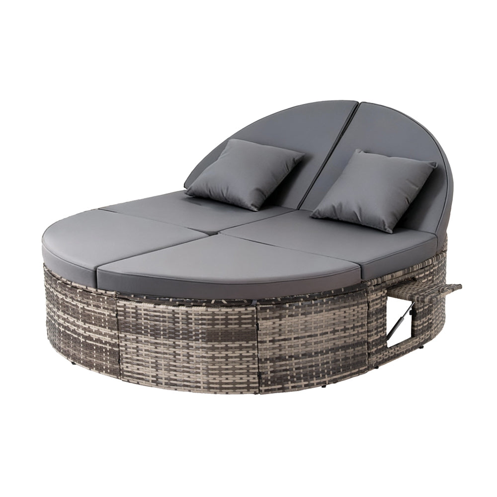 TWSC Outdoor Day Bed Sun Lounge Setting Wicker Lounger Patio Furniture w/ Retractable Side Tray