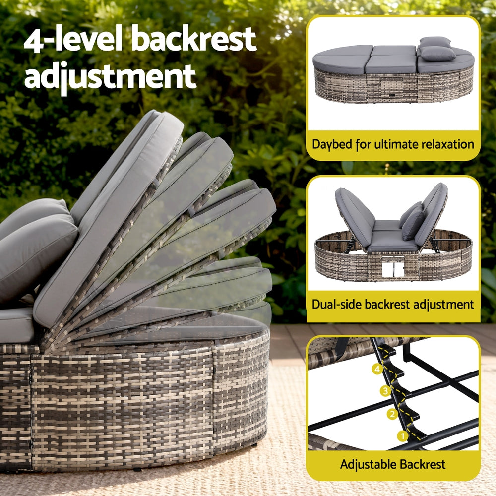 TWSC Outdoor Day Bed Sun Lounge Setting Wicker Lounger Patio Furniture w/ Retractable Side Tray