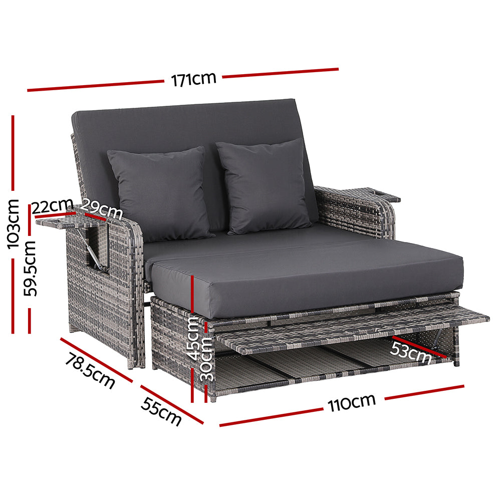 Outdoor Day Bed Sun Lounge – Adjustable Grey Wicker Patio Furniture