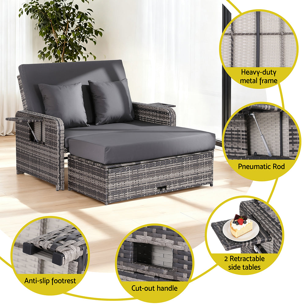 Outdoor Day Bed Sun Lounge – Adjustable Grey Wicker Patio Furniture