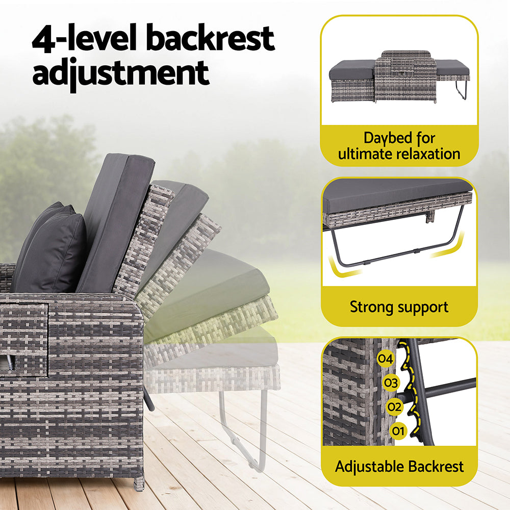 Outdoor Day Bed Sun Lounge – Adjustable Grey Wicker Patio Furniture