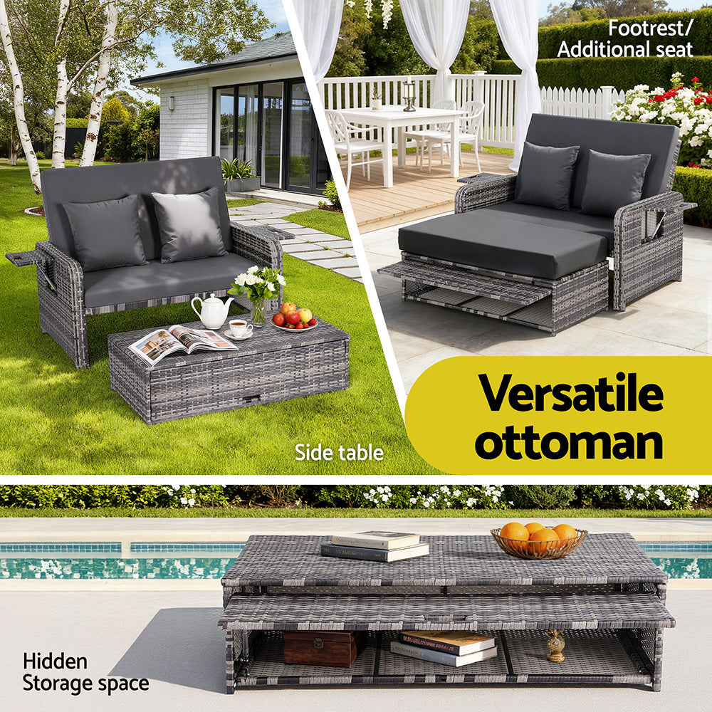 Outdoor Day Bed Sun Lounge – Adjustable Grey Wicker Patio Furniture