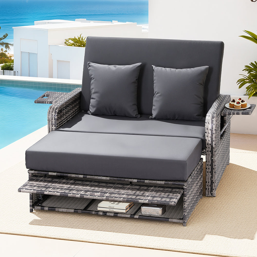 Outdoor Day Bed Sun Lounge – Adjustable Grey Wicker Patio Furniture