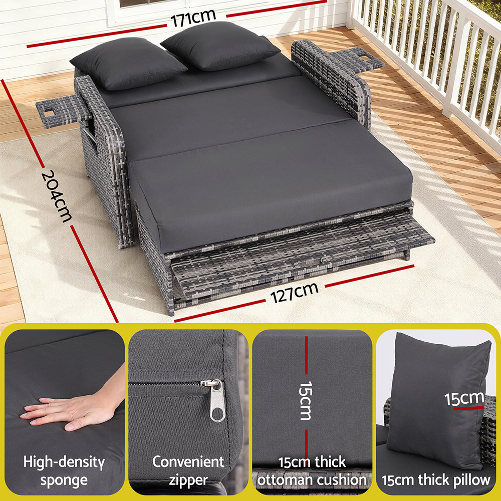 Outdoor Day Bed Sun Lounge – Adjustable Grey Wicker Patio Furniture