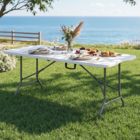 TWSC 180cm Folding Table Portable Fold-in-Half with Handle Camping Picnic