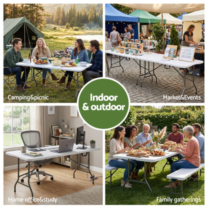TWSC 180cm Folding Table Portable Fold-in-Half with Handle Camping Picnic