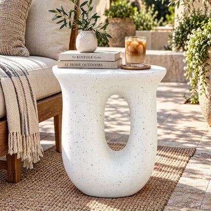 TWSC Arch Outdoor Side Table – White Stone Look — white sculptural side table styled beside seating