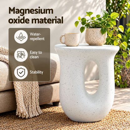 TWSC Arch Outdoor Side Table – White Stone Look — material feature infographic with a styled tabletop