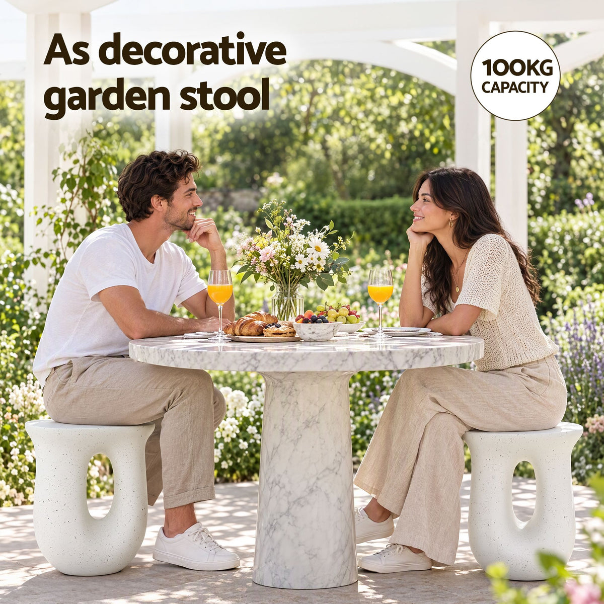 TWSC Arch Outdoor Side Table – White Stone Look — garden seating scene with feature labels