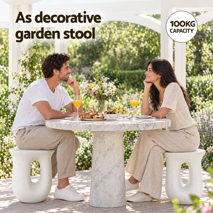 TWSC Arch Outdoor Side Table – White Stone Look — garden seating scene with feature labels