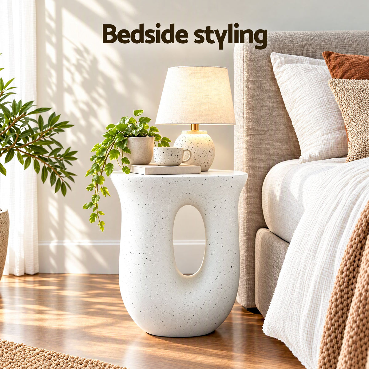 TWSC Arch Outdoor Side Table – White Stone Look — bedside table styling with feature heading