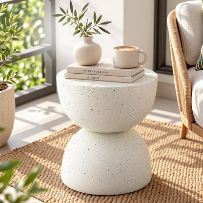 TWSC Hourglass Outdoor Side Table – White Terrazzo Look — white sculptural side table styled beside seating