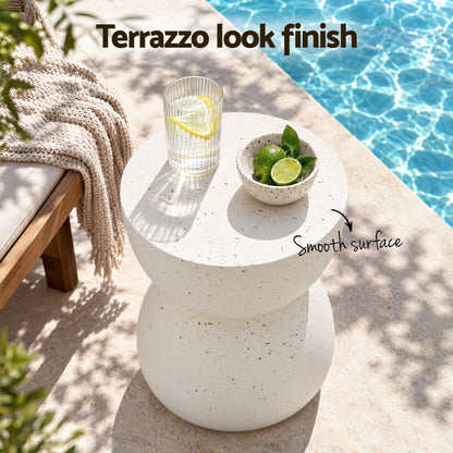 TWSC Hourglass Outdoor Side Table – White Terrazzo Look — top-surface close-up with finish callout