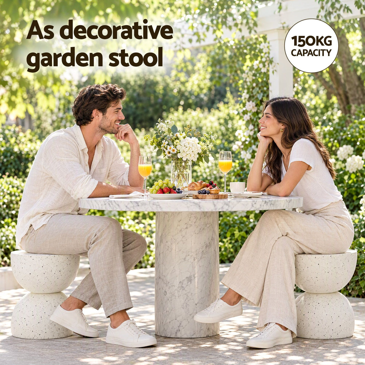 TWSC Hourglass Outdoor Side Table – White Terrazzo Look — garden seating scene with feature labels