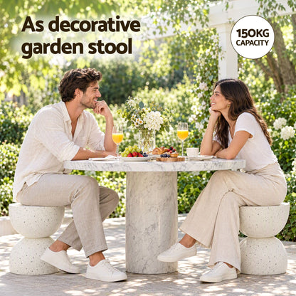 TWSC Hourglass Outdoor Side Table – White Terrazzo Look — garden seating scene with feature labels