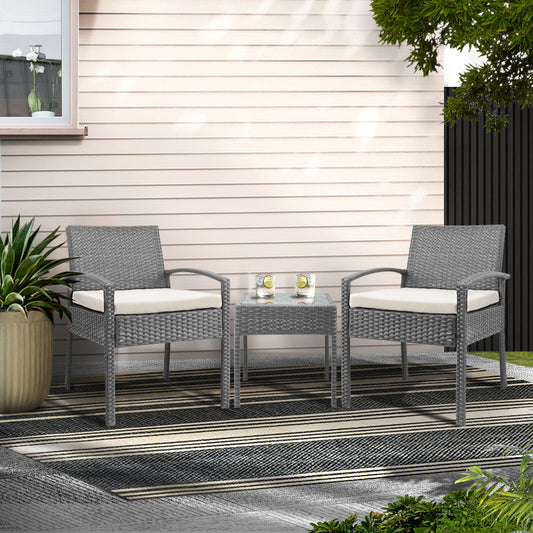TWSC 3PC Patio Furniture Bistro Set Wicker Outdoor Lounge Setting Grey