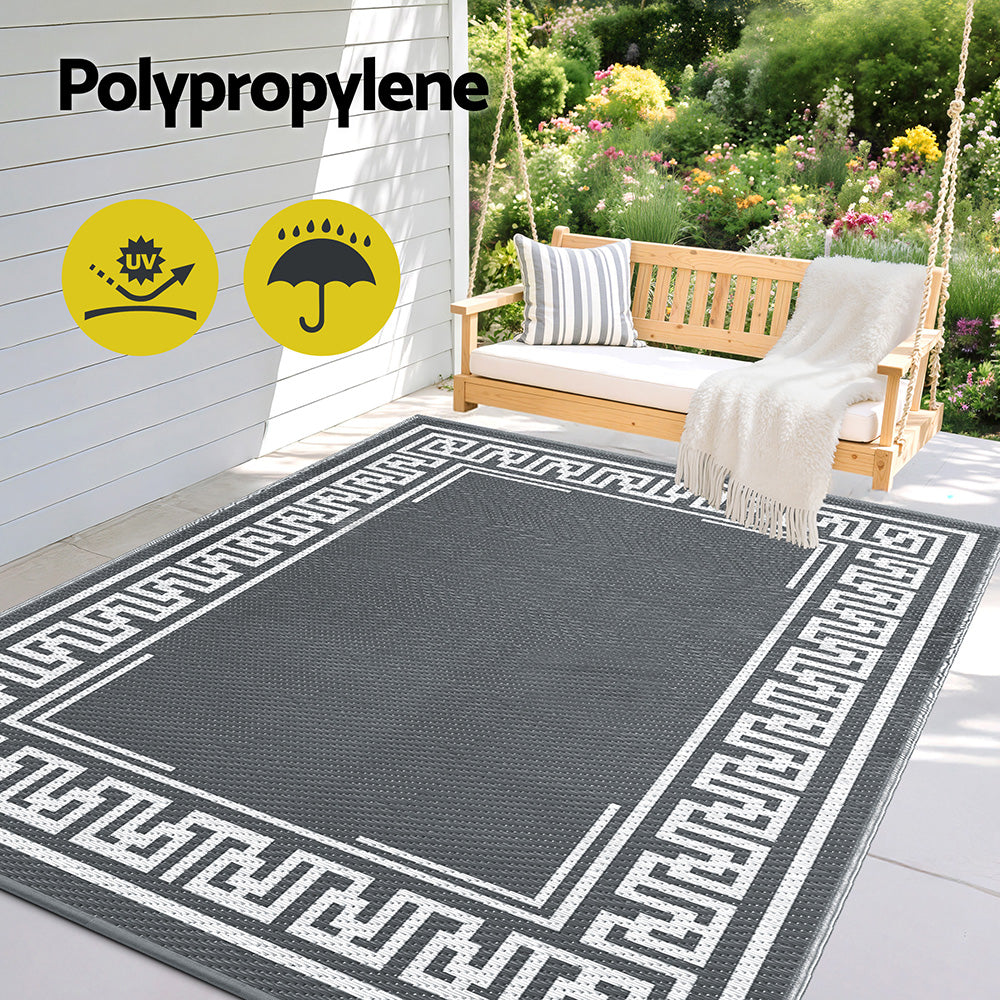 Outdoor Reversible Patio Rug – Weather-Resistant, 152x244cm, Grey Greek Key