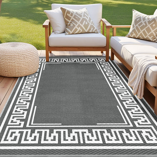 Outdoor Reversible Patio Rug – Weather-Resistant, 152x244cm, Grey Greek Key