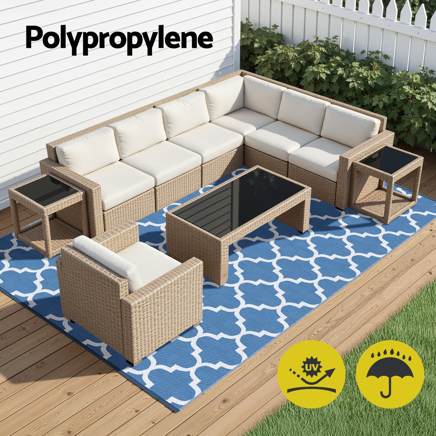 Outdoor Reversible Patio Rug – Weather-Resistant, 274x366cm, Blue