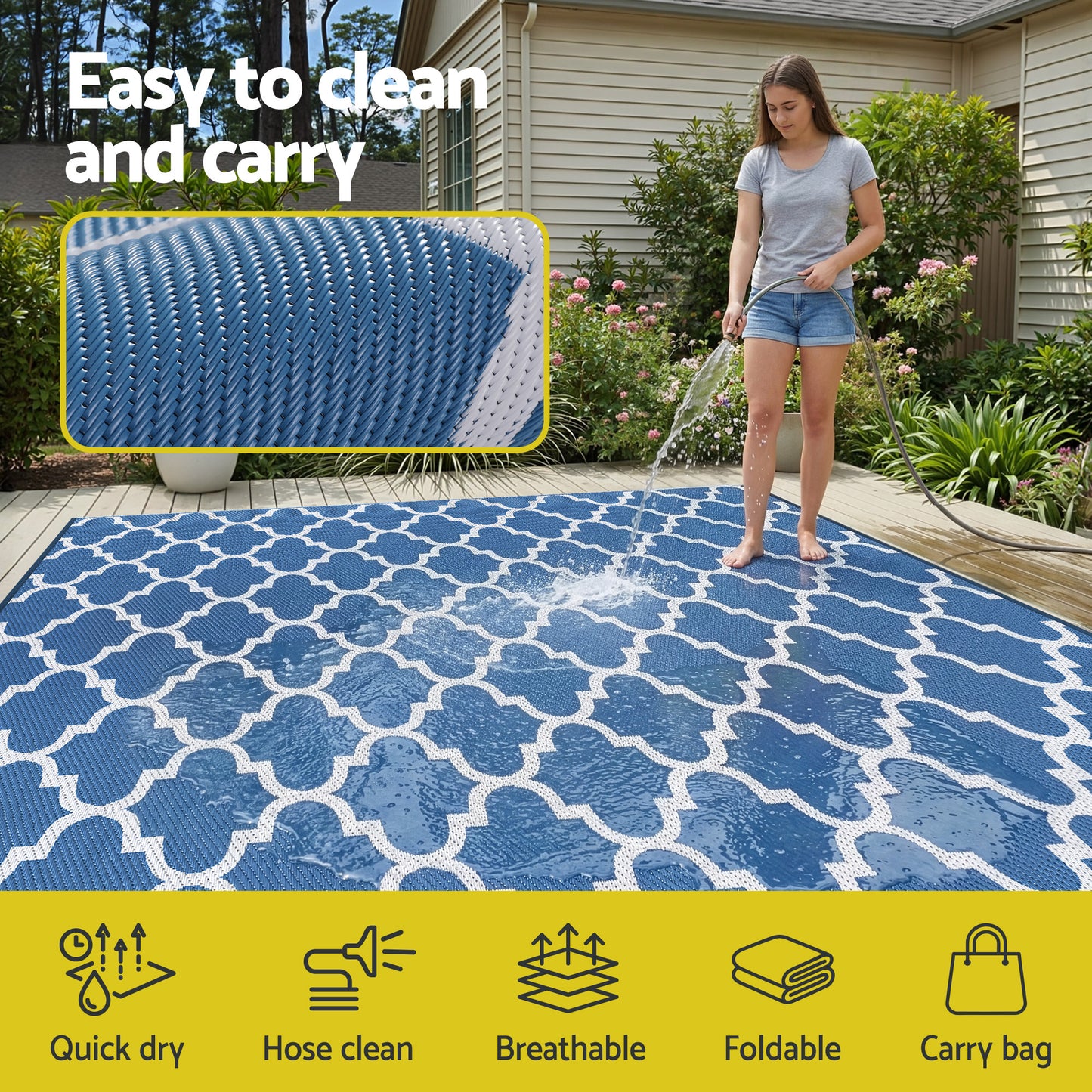 Outdoor Reversible Patio Rug – Weather-Resistant, 274x366cm, Blue