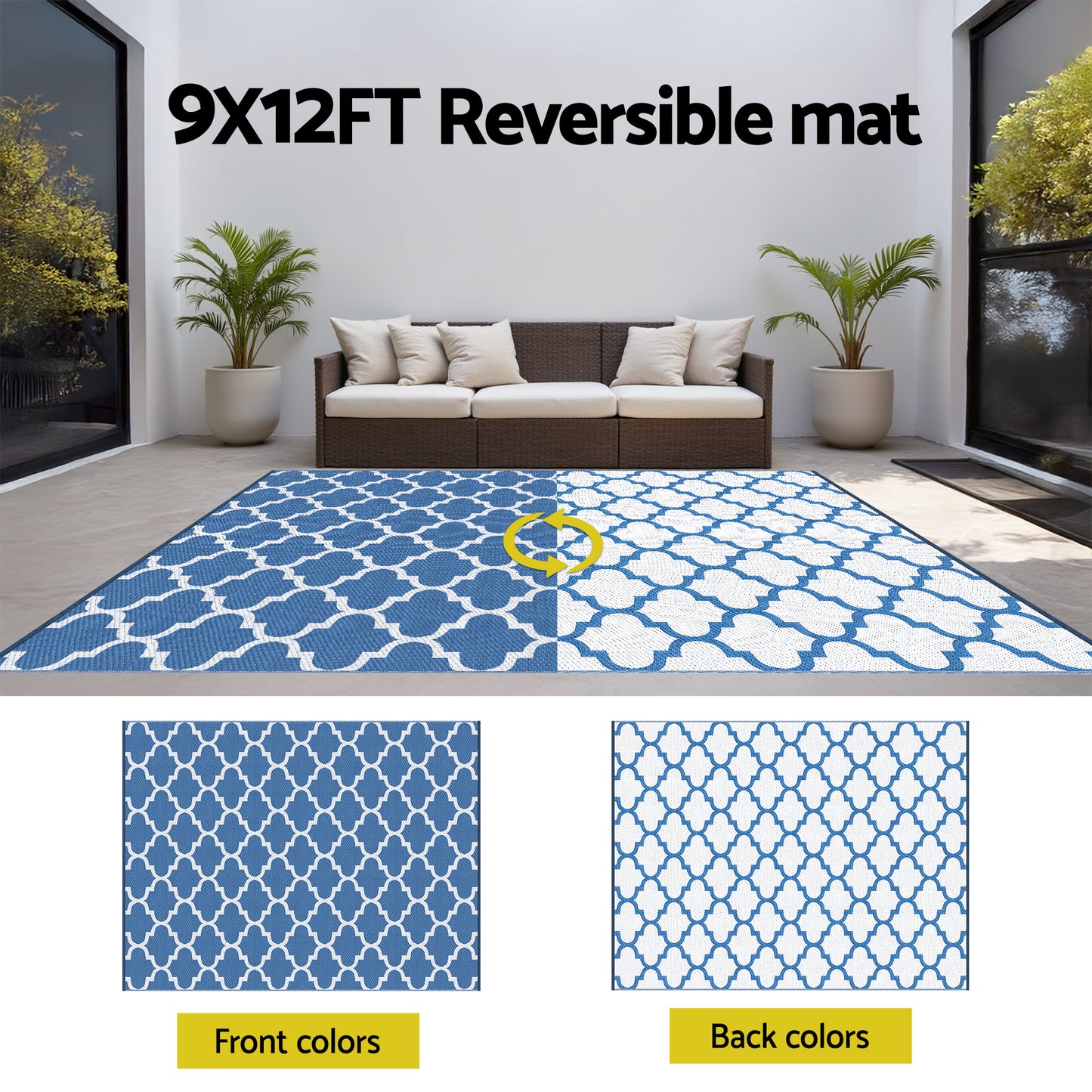 Outdoor Reversible Patio Rug – Weather-Resistant, 274x366cm, Blue