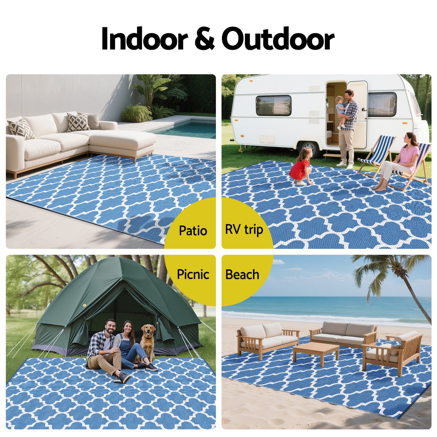 Outdoor Reversible Patio Rug – Weather-Resistant, 274x366cm, Blue