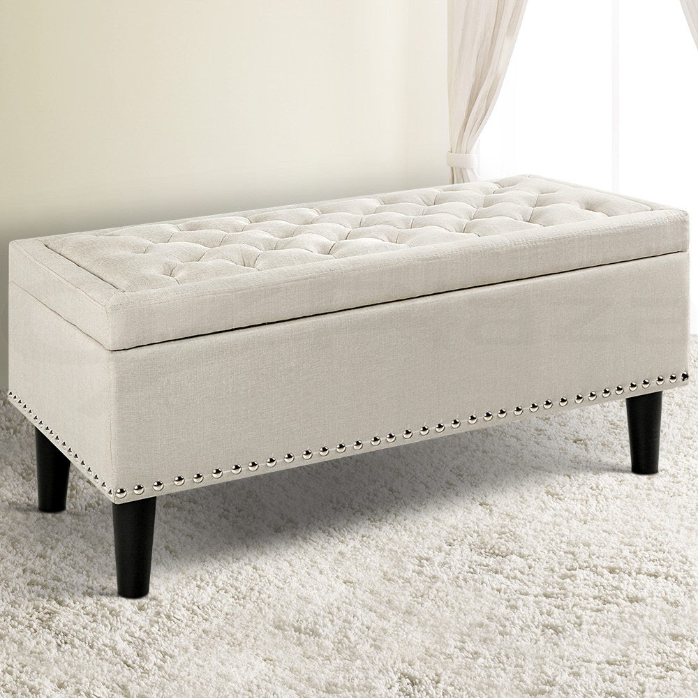Artiss Storage Ottoman Blanket Box 96cm Linen Taupe
