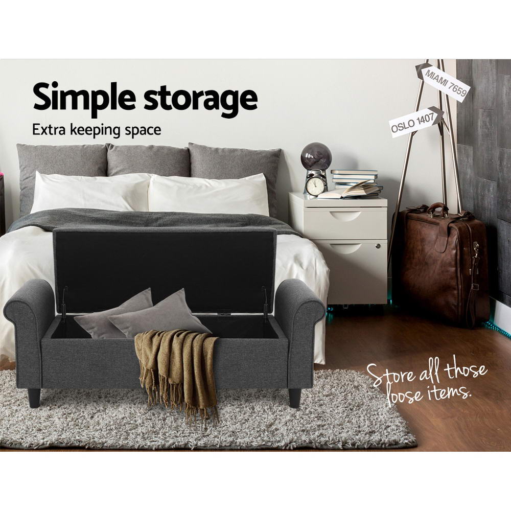 TWSC Storage Ottoman Blanket Box 125cm Arm Linen Grey