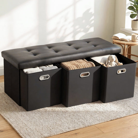 TWSC Storage Ottoman with 3 Cube Drawers Foot Stool Rest Foldable Black