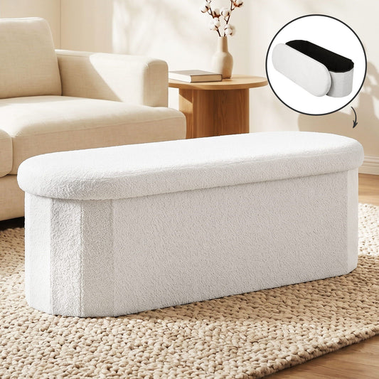 TWSC Storage Ottoman Foot Stool Rest Boucle Fabric Foldable White