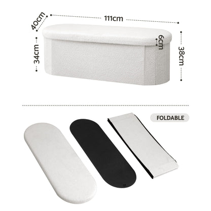 TWSC Storage Ottoman Foot Stool Rest Boucle Fabric Foldable White