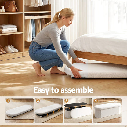 TWSC Storage Ottoman Foot Stool Rest Boucle Fabric Foldable White