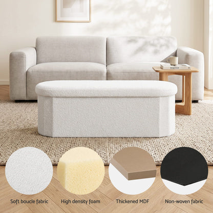 TWSC Storage Ottoman Foot Stool Rest Boucle Fabric Foldable White